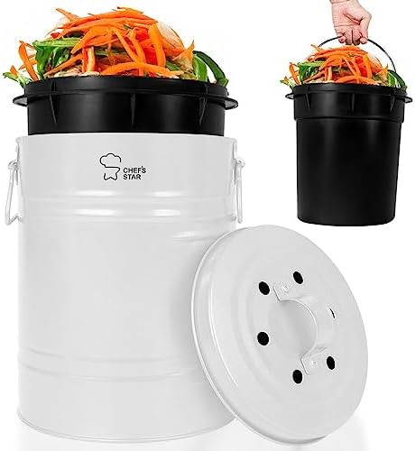 Chef’s Star Countertop Compost Bin for Kitchen, Indoor Compost Bin for Kitchen Counter, Small Composter for Kitchen Counter, with Charcoal Filter, Airtight Lid, 0.8 Gallon Compost Pail, White