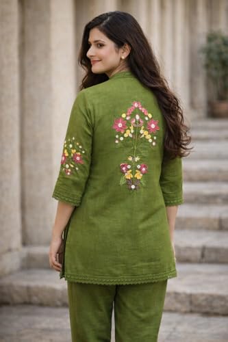Image of Women's Pure Cotton Co-Ord Set, Green Kurta with Pant, Floral Embroidered 3 /4 Sleeve, Stylish Pocket Design