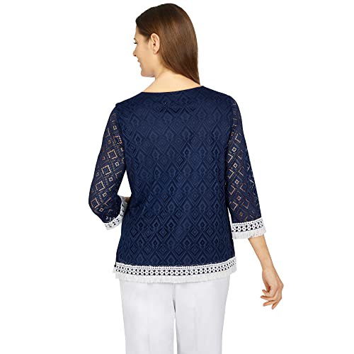Image of Alfred Dunner Women's Petite Lace Fringe Diamond Textured Knit Top