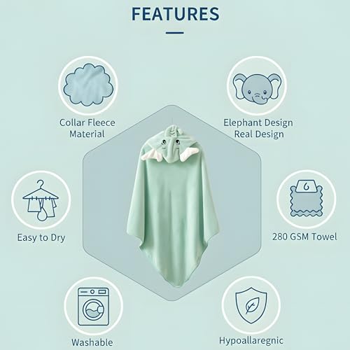 Image of Ultra-Soft Baby Hooded Towel - Coral Velvet Wrap Your Little One in Softness and Joy, Hypoallergenic & Super Absorbent Bath Wrap for Newborns& Toddlers |Cute Animal Design(0-5 Years)(Green Elephant)
