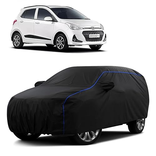 Image of Sulfar 100% Water Resistant Car Body Cover Compatible with Mirror for Hyundai Grand i10 (Triple Stitched, Full Bottom Elastic, Black Tafetta with Blue Piping)