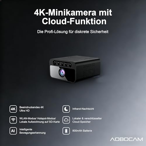 AOBOCAM Mini Kamera, WLAN 4K mit Cloud-Speicher - 150° Weitwinkel HD Überwachungskamera Innen- Drahtlose Sicherheitskamera mit Intelligente Bewegungserkennung/Nachtsicht/Energieeffiziente Akku