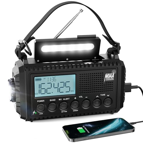Raynic NOAA Weather Radio, 5000mAh/18500mWh Solar Hand Crank Emergency Radio, Battery Powered Portable Radio with AM/FM/SW/NOAA, Cell Phone Charger, Type-C Charging, Flashlight and SOS Siren