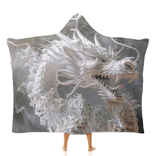 Cape à capuche imprimée style dragon blanc plaid de voyage