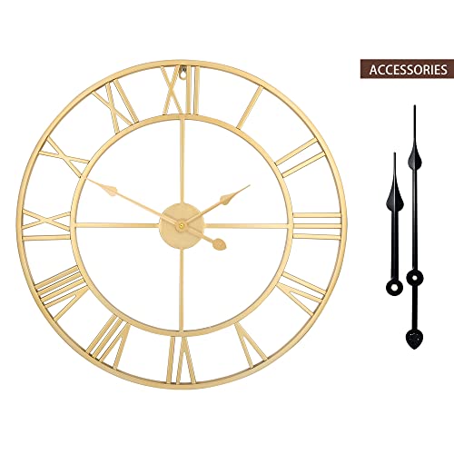 Large Modern Metal Wall Clocks Rustic Round Silent Non Ticking Battery Operated Roman Numerals Clock for Living Room/Bedroom/Kitchen Wall Decor-(Gold, 40cm)