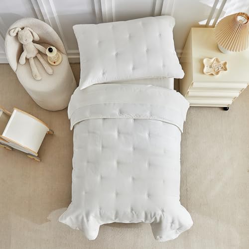 Image of DuShow White 4 Pieces Toddler Bedding Set for Boys Girls,Embroidery Microfiber Crib Bed Sheets Set Soft Boho Comforter Set Bed in a Bag, Include Quilted Comforter,Flat Sheet,Fitted Sheet,Pillowcase