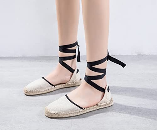 Image of Women's Espadrille FLat Sandals Closed Toe Ankle Wrap,Classic Lace Up Summer Dressy Flat Shoes
