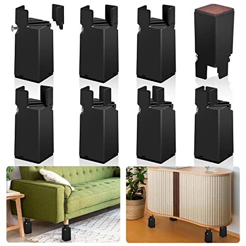 Adjustable Furniture Risers, Chair Risers With Screw Clamp Lift 4 Inch, Heavy Duty Bed Desk Sofa Table Risers Fit Square/Round Chair Leg Diameter From 0.8''–1.6'', Supports 20,000 Lbs, Black, 8 Pack #TOP6