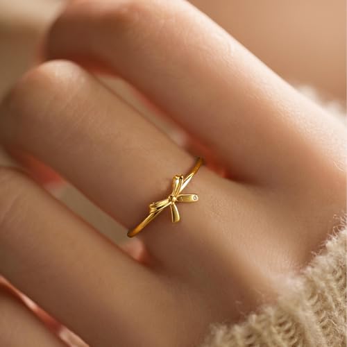 Bow Rings for Women Mother Daughter Friendship Knot Ring 925 Sterling Silver Dainty 14K Gold Plated Promise Rings for Her Birthday Graduation Gifts2