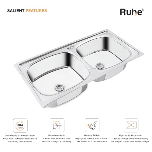 Image of Ruhe Oval Double Bowl 45x20x9 inches 304 Grade Kitchen Sink | 304 Grade Stainless Steel Oval Double Bowl Kitchen Sink | Glossy Finish | Sink Coupling and Waste pipe