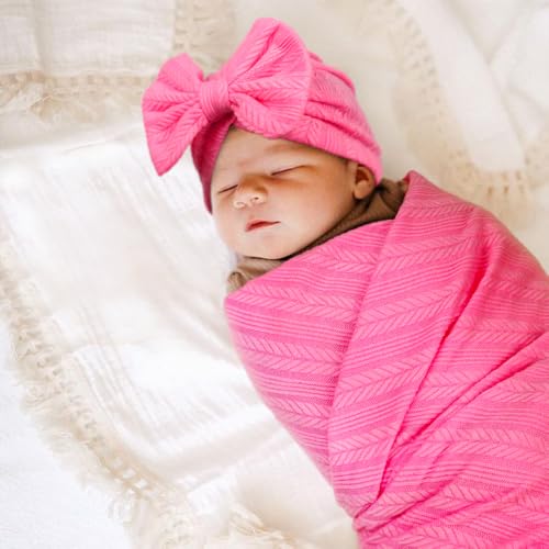 Image of AQOKKA Baby Swaddle Blankets with Bow Hat Headband Set Wheat-Pattern Infant Receiving Blankets Swaddles for Newborns Unisex Toddler Swaddle Wrap Sets for Baby Girls Boys Nursery Warm Shower Gift