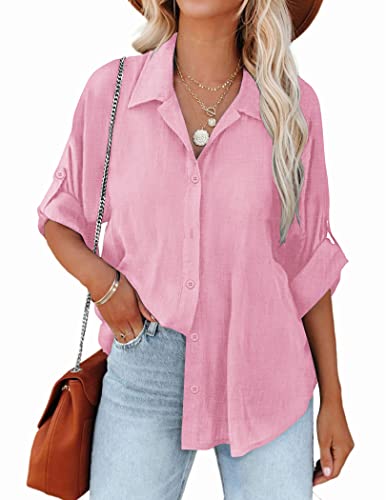 HOTOUCH Womens Linen Collared Button Down Shirt Comfortable Blouse Top Misty Rsose, Small, Long Sleeve