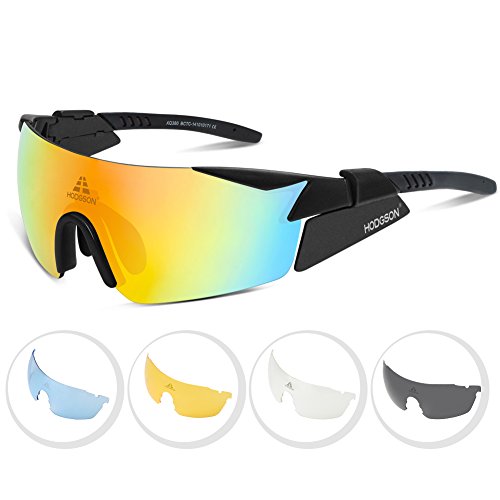 HODGSON Sport Polarized Sunglasses for Men or Women, Windbreak UV400 Protection Sports Glasses with 5 Interchangeable Lenses for Driving, Cycling, Running and Golf Black