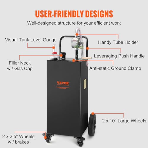 VEVOR 30-Gallonen-Kraftstofftrolley, Gaskraftstofftankbehälter 4 Räder, mit manueller Transferpumpe, Benzin-Diesel-Kraftstoffbehälter für Autos, Rasenmäher, Geländefahrzeuge, Boote usw., Schwarz