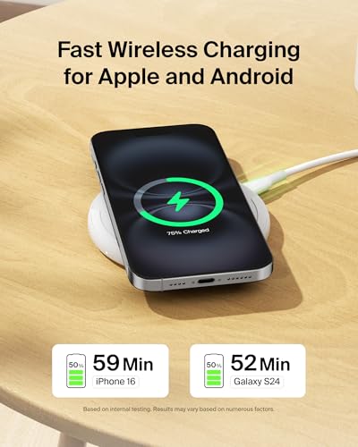 Image of Belkin 15W Wireless Charging Pad, Qi Charger with Power Adapter | iPhone 16 /15 /14, AirPods, Samsung Galaxy S25 /S24, Pixel 10 compatible, power adapter and cable included