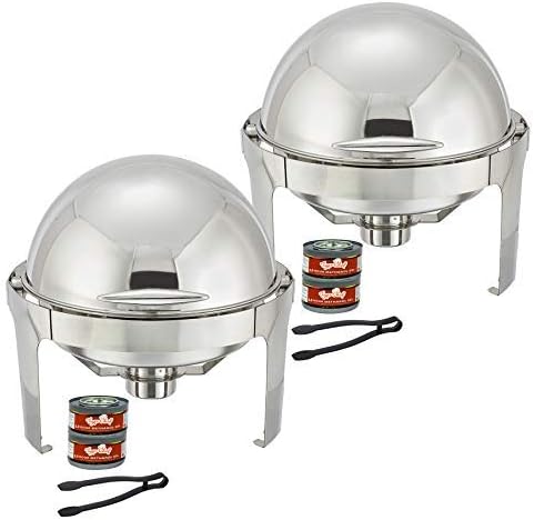 Tiger ChefChafing Dish Buffet Set - 6 Quart Food Warmer Stainless Steel - Round Roll Top Chafer - 2 Chafing Dish Sets with 2 Serving Tongs and 4 Chafing Dish Fuel Gels