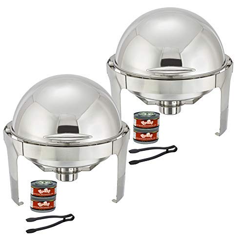 Tiger Chef Chafing Dish Buffet Set - 6 Quart Food Warmer Stainless Steel - Round Roll Top Chafer - 2 Chafing Dish Sets With 2 Serving Tongs And 4 Chafing Dish Fuel Gels #TOP17