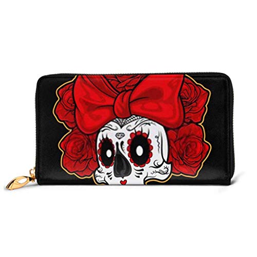 Preisvergleich Produktbild JHGFG Mode Handtasche Reißverschluss Brieftasche Schädel trägt rotes Band Muerte Stil Telefonkupplung Geldbörse Abendkupplung Blockieren Leder Brieftasche Multi Card Organizer