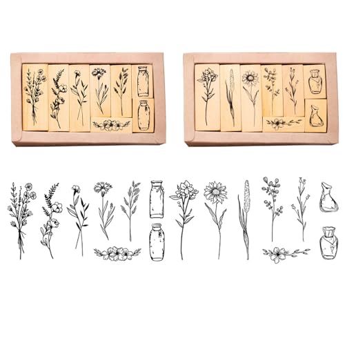 16 Stück Holzstempel Set Vintage Paper Poetry Stempel Holzstempel Motiv Pflanzen Stempel Vintage Holzstempel Holzstempel Set Lavendel für Scrapbooks Journals Karten Einladungen Tagebücher Crafts