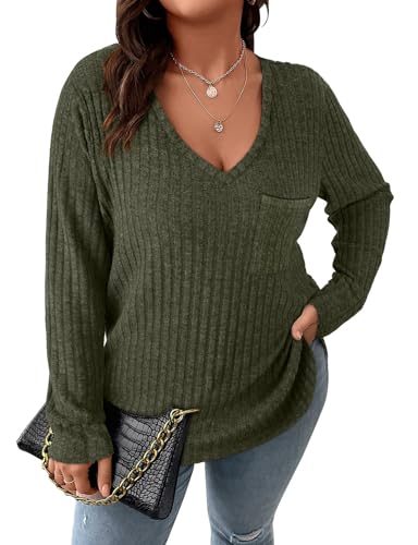 Image of Koscacy Women Plus Size Casual Knit Sweater with Pocket V Neck Solid Color Tops Lightweight Long Sleeve Blouses