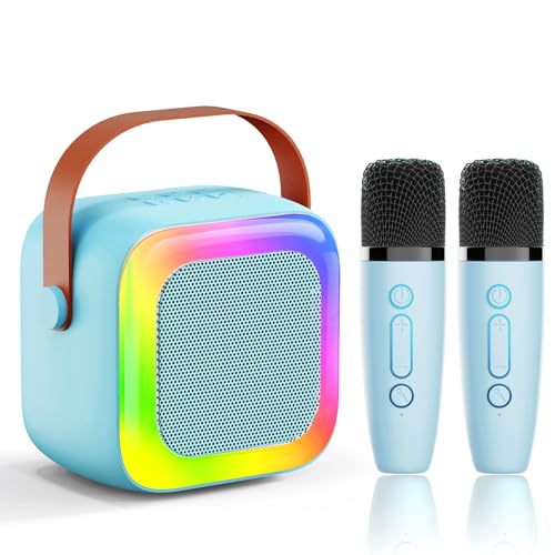 Image of Mini Karaoke Machine for Kids & Adults, Portable Bluetooth Speaker with 2 Wireless Microphones, Magic Voice Effects, Colorful Light Show, Blue, Fun & Portable