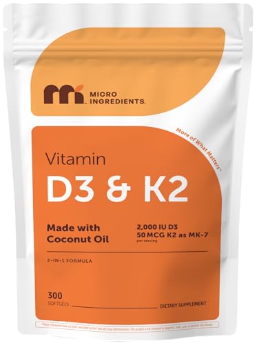 Micro Ingredients Vitamin D3 2 000 IU + K2 MK-7 50 mcg 300 Softgels | Made with Coconut Oil | 2-in-1 Formula | Easy to Swallow Non-GMO