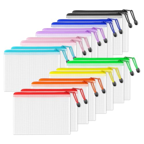 Image of SUNEE Plastic Mesh Zipper Pouch 6.8x9.2 in (9 Colors, 18 Packs),Extra Large Water-Resistant Zip Bag for School Office Supplies, Puzzles & Games Organizing Storage