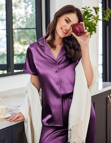 Image of Ekouaer Womens Satin Pajamas Silk Capri Pjs 2 Piece Lounge Sets Short Sleeve Button Down Sleepwear
