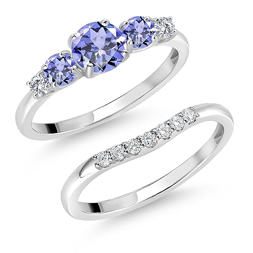 Gem Stone King 10K White Gold Blue Tanzanite and White Lab Grown Diamond 5 Stone Bridal Engagement Wedding Ring Set For Women (0.87 Cttw, Round: 5MM and 3MM, Available in Size 5,6,7,8,9)