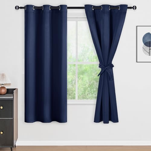 DWCN 100% Blackout Curtains w/Tiebacks, Double Layer Thermal Insulated Room Darkening Noise Reducing Grommet Window Curtain Drapes with Black Liner for Kitchen Navy Blue, 42 x 63 Inch (2 Panels)