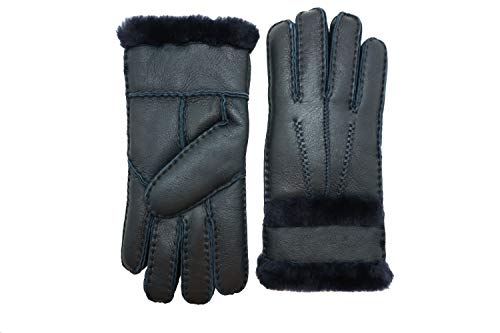 YISEVEN Womens Winter Sheepskin Shearling Leather Gloves Wool Lined Furry Cuffs Heated Sherpa Merino Thick Mittens Soft Warm Fur Lining for Cold Weather Driving Work Gifts, Navy Blue Medium
