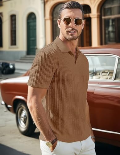 Image of Zilcon Mens Casual Polo Shirt Summer Short Sleeve Vacation Button Beach Knit Stretchy Golf Tshirts