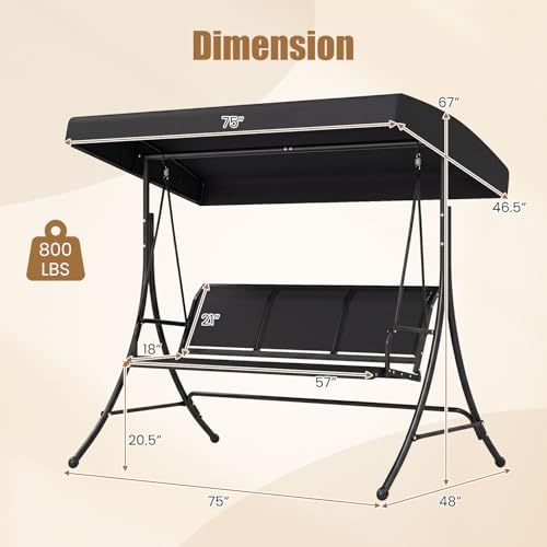 Image of Tangkula 3 Person Porch Swing, Patio Swing with Adjustable Canopy, Heavy-Duty Frame, Breathable Fabric, Outdoor Swing for Porch, Garden, Backyard, Poolside, 800 LBS Max Load