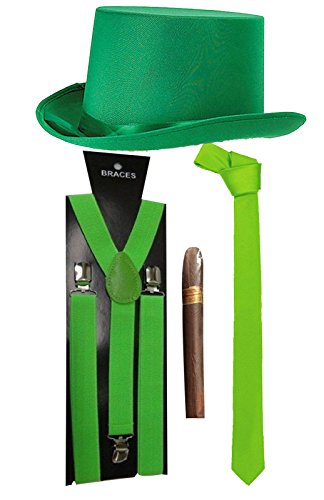 Chapeau haut-de-forme vert avec cravate unie et bretelles de déguisement rétro