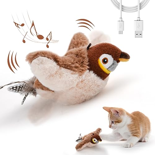 LIFLIX Flappy Bird Cat Toy for Indoor Cats, Simulated Chirping Flapping Wings Bird, Interactive Catnip Toys, Plush Kitten Exercise Toys (Brown Sparrow)