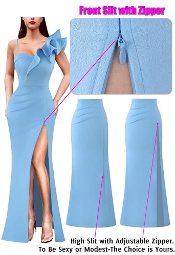 Image of VFSHOW Womens Ruffle One Shoulder Strap Ruched Formal Prom Wedding Maxi Dress V Neck Elegant Split Cocktail Evening Long Gown