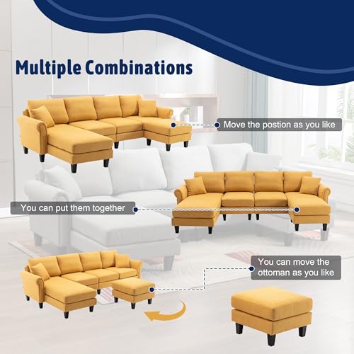 Image of Nathan 6 Seater L Shape Sofa with Centre Table | 6 Seater Sofa Set for Living Room (Nathan Yellow, LHS)