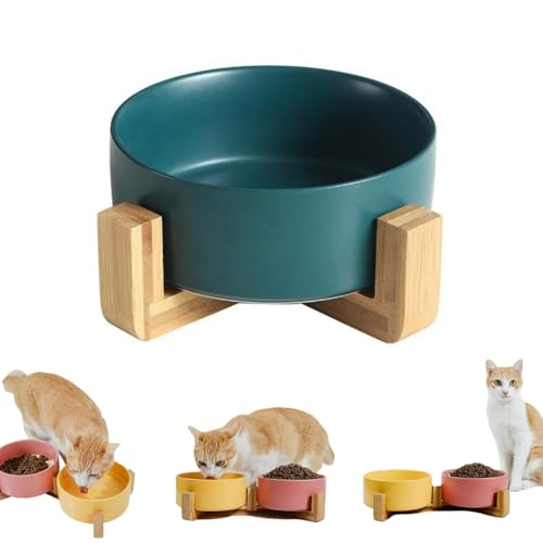 BFGQFAN セラミックペットボウル 猫犬兼用滑り止め食器 取り外し可能木製スタンド 転倒防止安定ベース ペット早食い防止皿 中型犬子犬対応 陶器ペット用品 清潔にしやすい マルチカラー選択 (グリーン(シングルボウル),15.5cm(850ml))