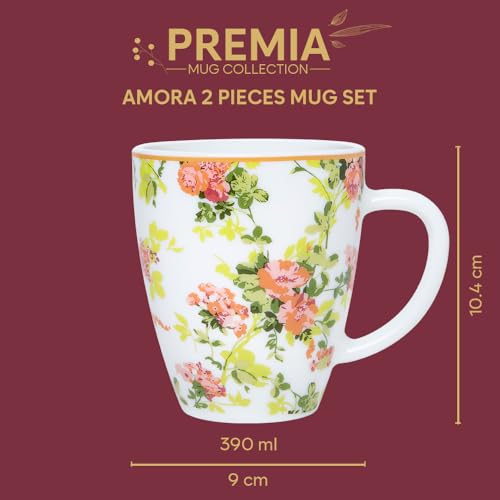Image of Larah by BOROSIL 390ml x 2pc Opalware Amora Tea /Coffee Mug Set, Microwave & Dishwasher Safe Embossed Design Crockery Ideal for Daily Use & Gifting