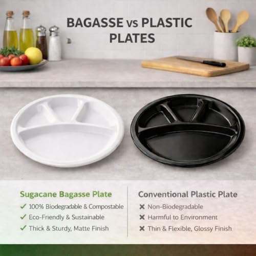 Image of Eco Aaroyaa Bagasse 12 Inch 4 Compartment Plates - Eco-Friendly Bagasse Disposable Plates - Strong Oil & Water Resistant Disposable Plates with Compartments for Parties, Catering & Events (Pack of 25)
