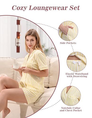 Image of NAP BOUND 100% Cotton Pajamas for Women Sets 2 Pieces Pjs Button short sleeves with Pockets Soft Sleepwear Loungewear XS-XXL