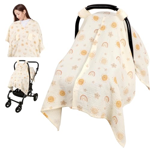 Image of Car Seat Cover Baby Girls Boys, Summer Cotton Baby Car Seat Cover for Carseat, Comfortable Muslin Nursing Cover, Soft Baby Blanket, Breathable Lightweight Infant Stroller Canopy, Rainbow
