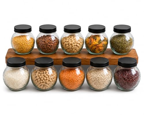 Image of Designer Transparent Glass Storage Jar with Black Plastic Airtight Lid, 900 ML Food Grade Kitchen & Pantry Storage Container, Size 8 X 14 X 14 cm, Ideal for Pulses, Dry Fruits, Pack Of 10
