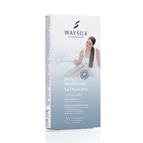Waysilk | Strisce Depilatorie Corpo e Gambe Gel Sensitive, Per Pelli Sensibili, Con Acido Ialuronico, 20 Strisce + 4 Salviette Post Depilazione Con Aloe Vera