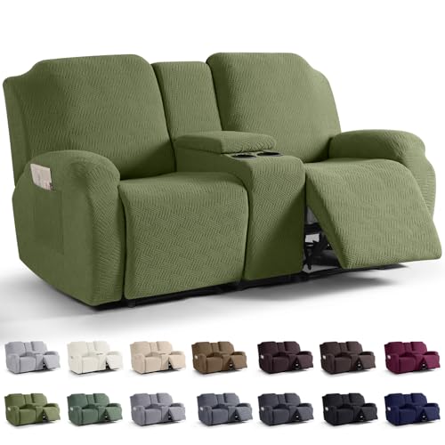 Image of KinCam Loveseat Recliner Covers with Middle Console Slipcover, Recliner Sofa Covers 2 Seat Couch Cover Stripe Jacquard Furniture Protector Covers with Elastic Bottom for Kids, Pets(Olive Green)