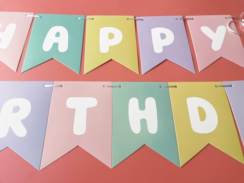 Image of Runhiskii Pastel Happy Birthday Banner, Rainbow Birthday Bunting Sign for Women Girls Boys Birthday Party Decorations, Reusable Girls Party Backdrop Light Pink Blue Purple Yellow