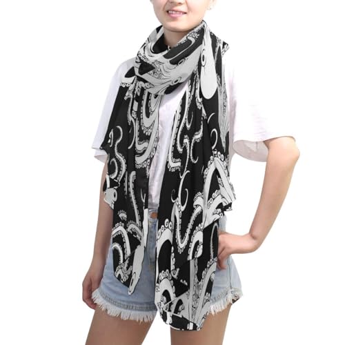 ALAZA White Kraken Black Chiffon Silk Long Scarf Shawl Wrap4