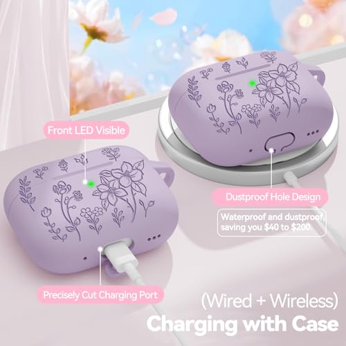 Image of for Airpods Pro 3 Case, Flower Engraved Case Cover Compatible with AirPods Pro 3rd Generation 2025, Soft Silicone Cases with Cute Keychain & Cleaner for Women Girly, Shockproof