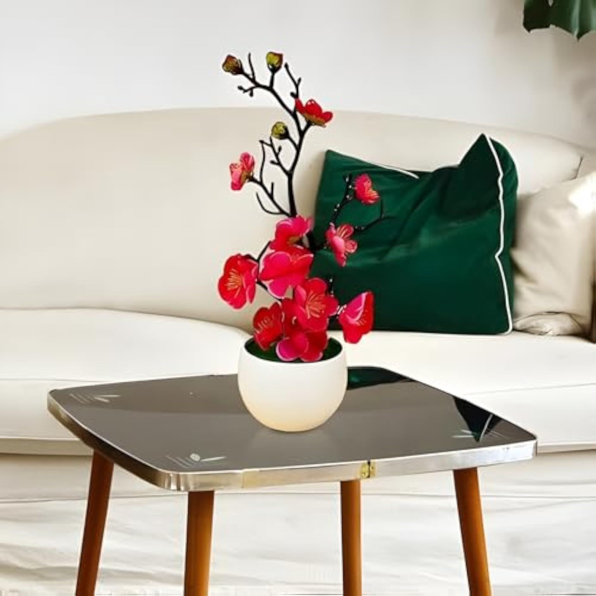 Pink Red Blossoms Artificial Flower Plant with White Pot