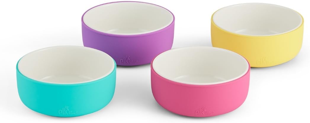 Elk and Friends Kids Porcelain Bowls with Silicone Sleeve | Kids/Toddler/Baby Feeding | Microwave & Dishwasher Safe | Non slip | Cereal/Soup/Snack Dishes & Dinnerware (Pink/Purple/Teal/Yellow Normal Sleeve) Thumbnail